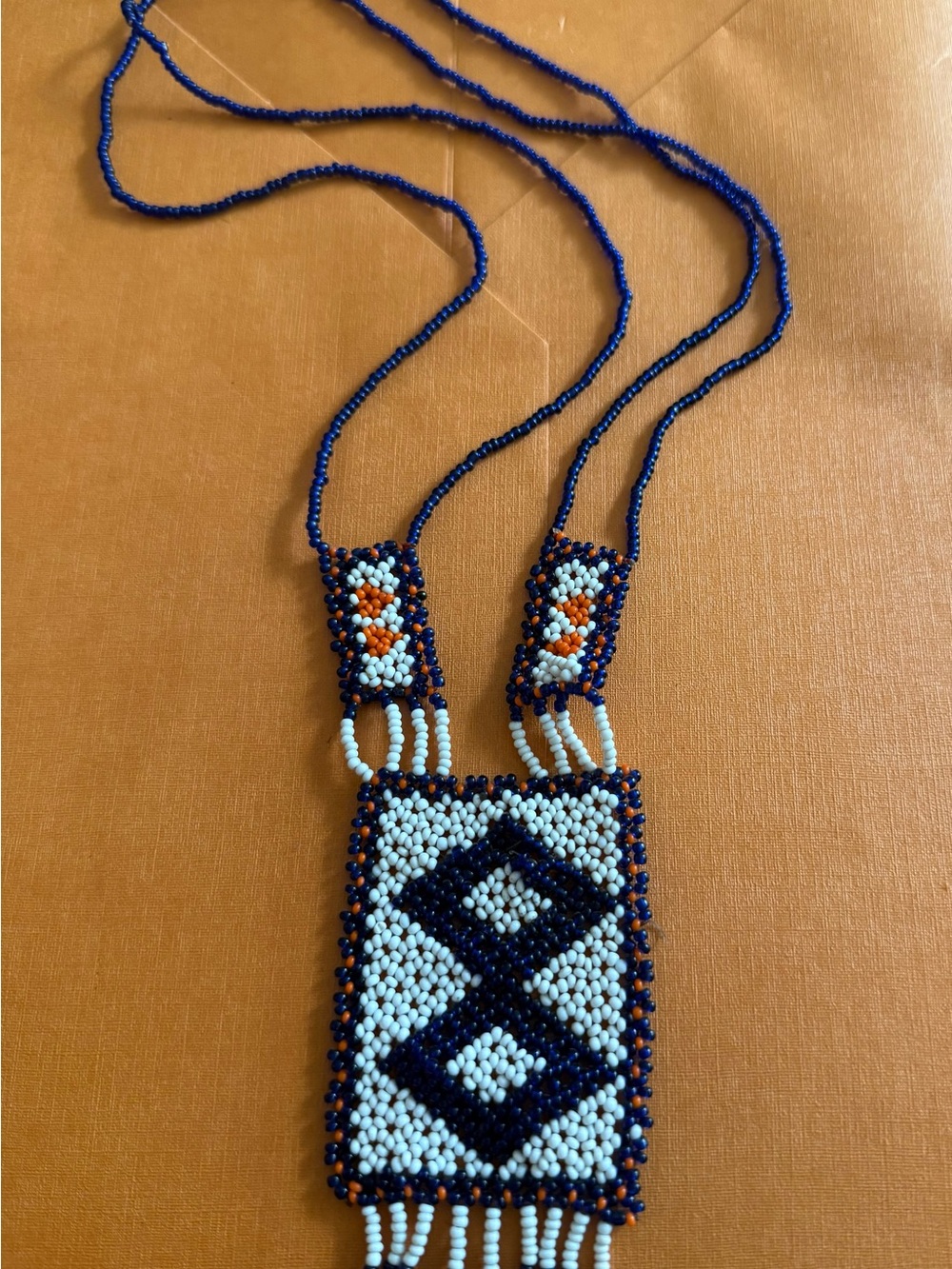 Handmade Beaded Pendant Necklace - Navy, White & Orange